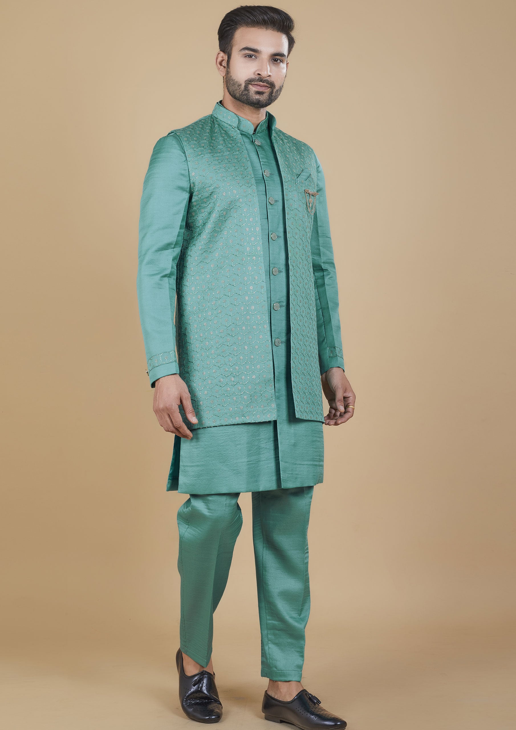 Turquoise Color Jacquard Silk Embroidered Indowestern