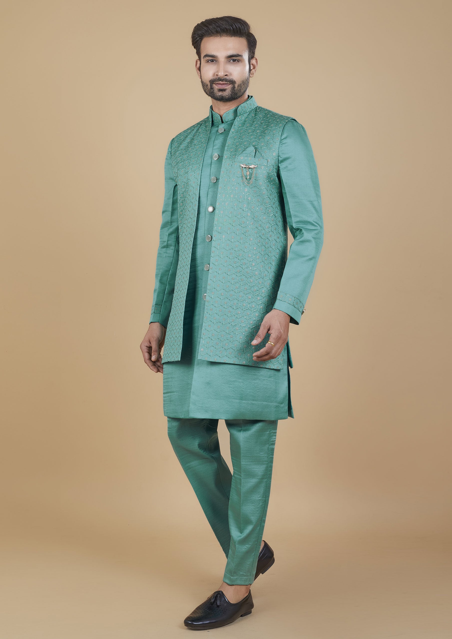 Turquoise Color Jacquard Silk Embroidered Indowestern