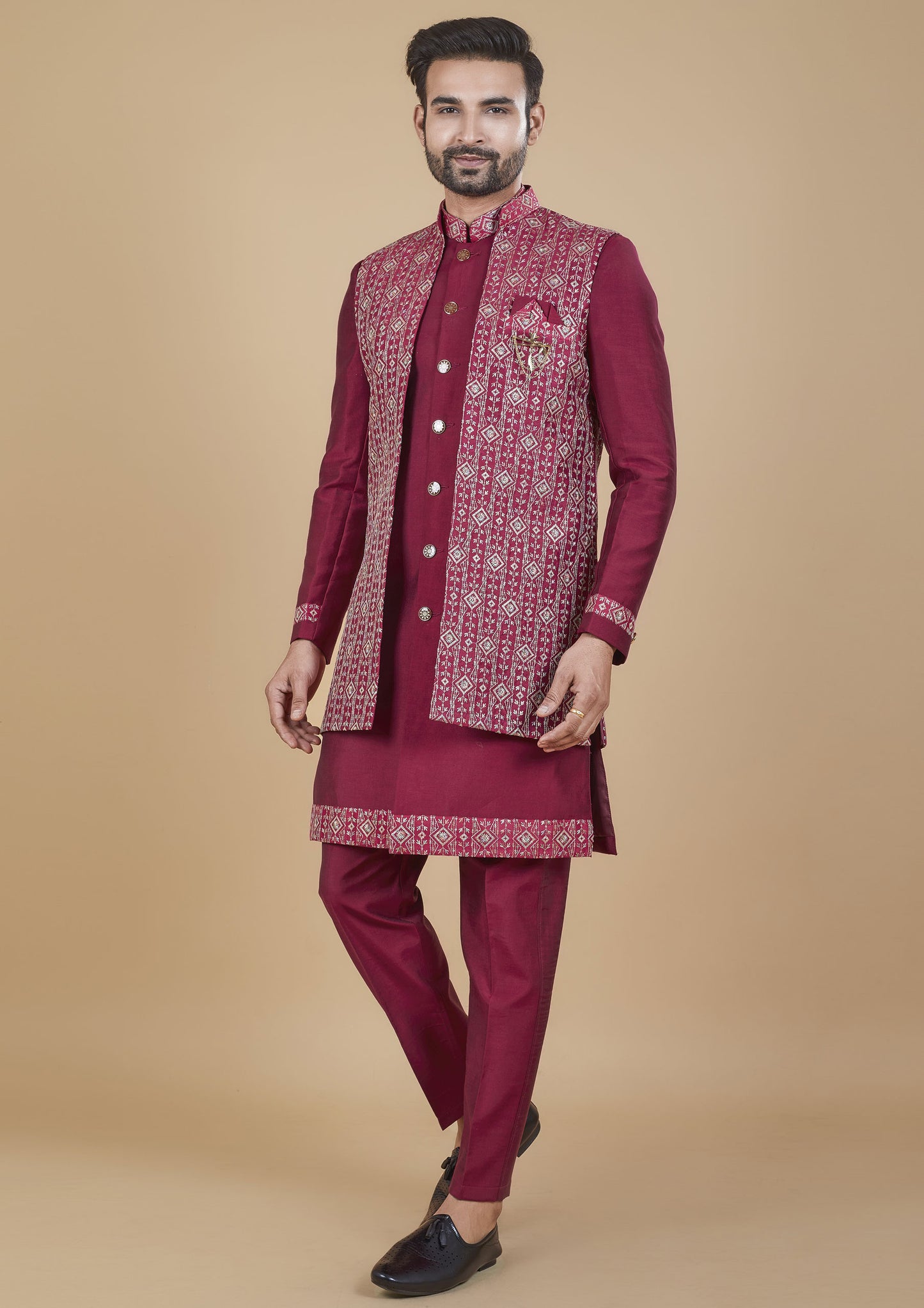 Burgundy Color Jacquard Silk Embroidered Indo western