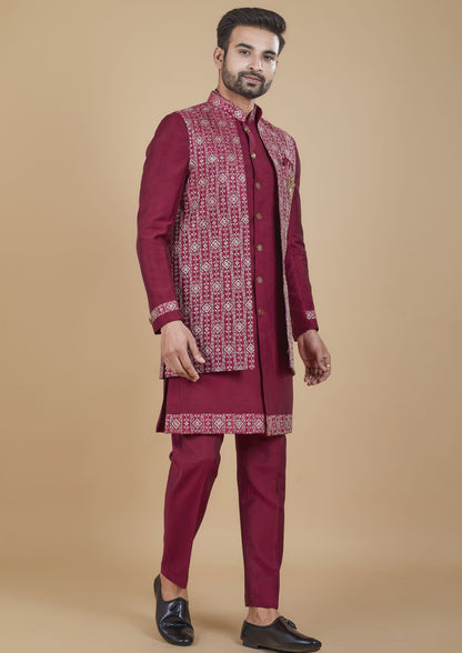 Burgundy Color Jacquard Silk Embroidered Indo western