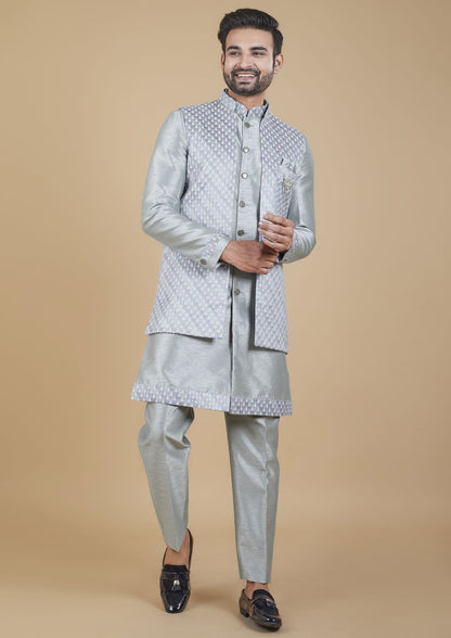 Stunning Grey Color Jacquard Silk Embroidered Indo western