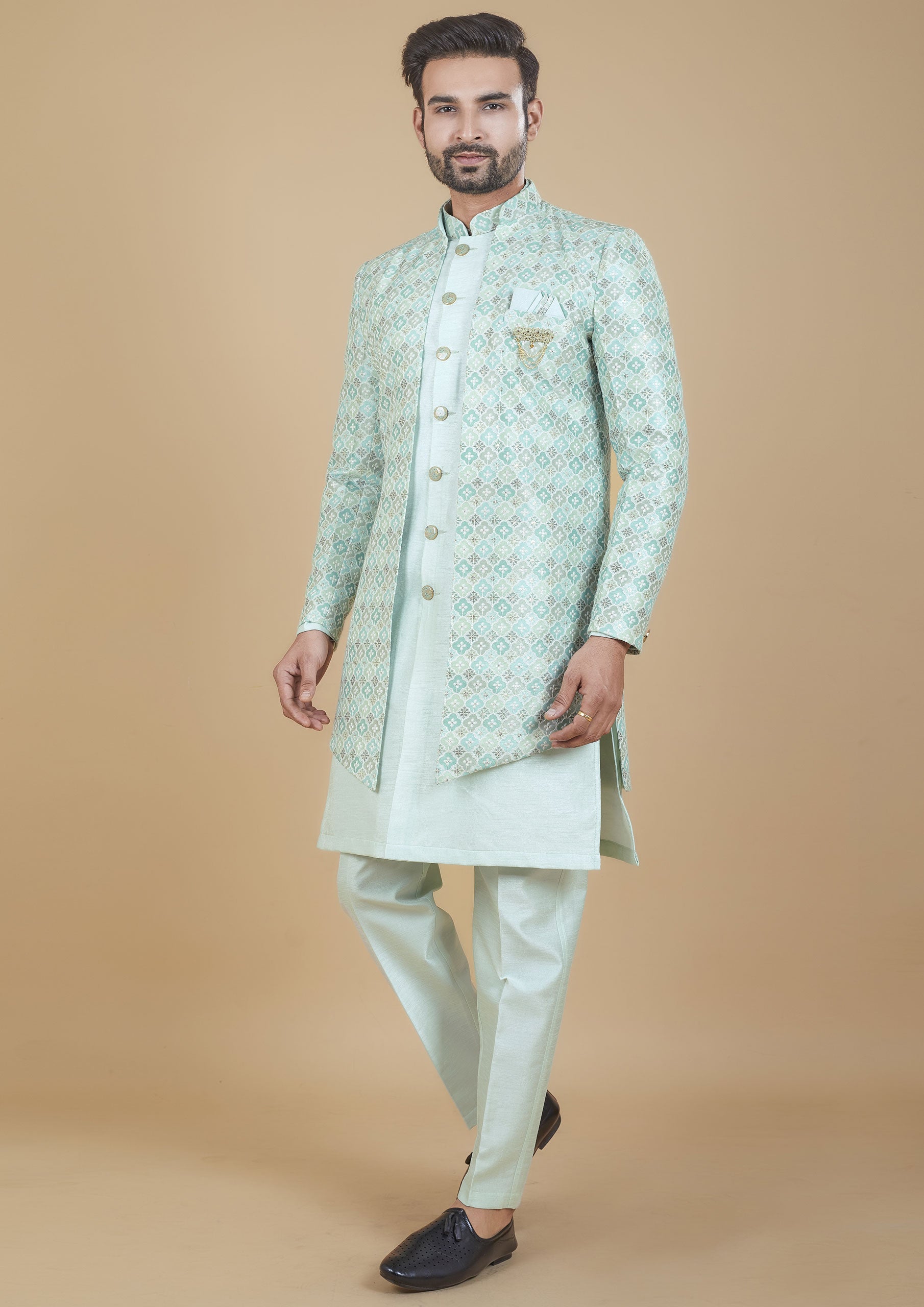 Sky Blue Color Jacquard Silk Embroidered Indo western