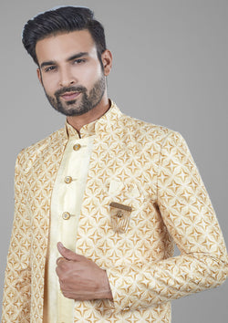 Yellow Color Jacquard Silk Embroidered Indo western