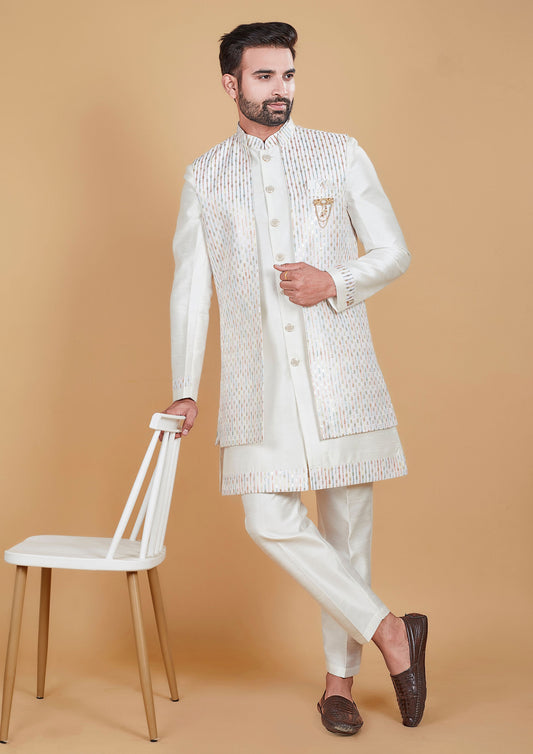 White Color Jacquard Silk Thread Embroidered Indo Western