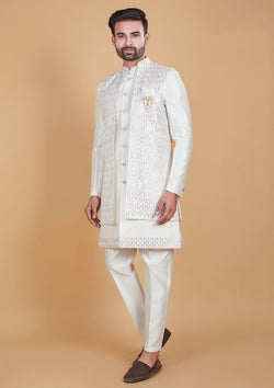 White Color Jacquard Silk Thread Embroidered Indo Western