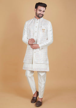 White Color Jacquard Silk Thread Embroidered Indo Western