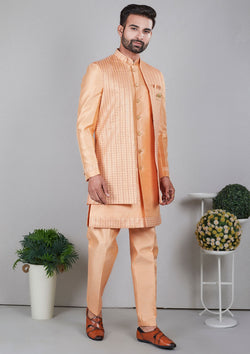 Peach Color Jacquard Silk Sequins And Thread Work Indo Western