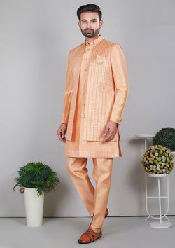 Peach Color Jacquard Silk Sequins And Thread Work Indo Western