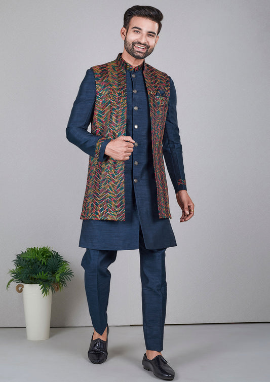 Navy Blue Color Jacquard Silk With Multi Color Long Jacket Men's Wear