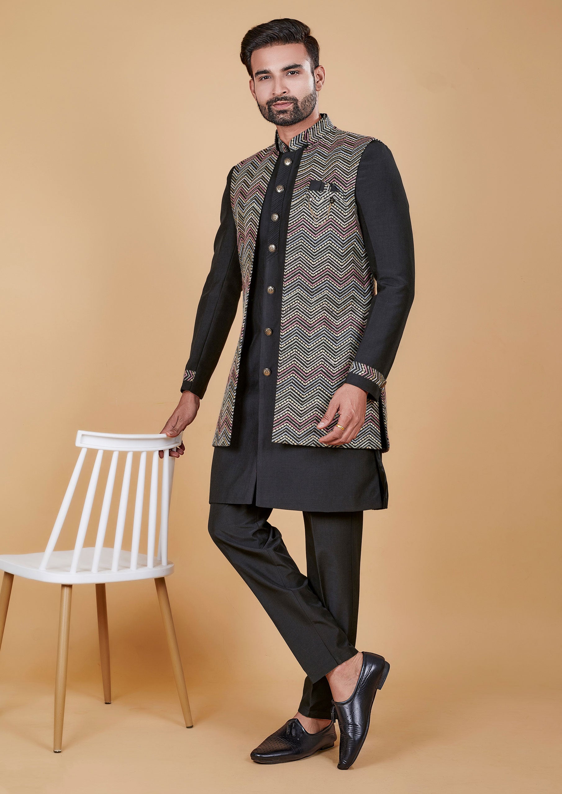 Black Color Jacquard Silk With Multi Color Long Jacket Men's Wear