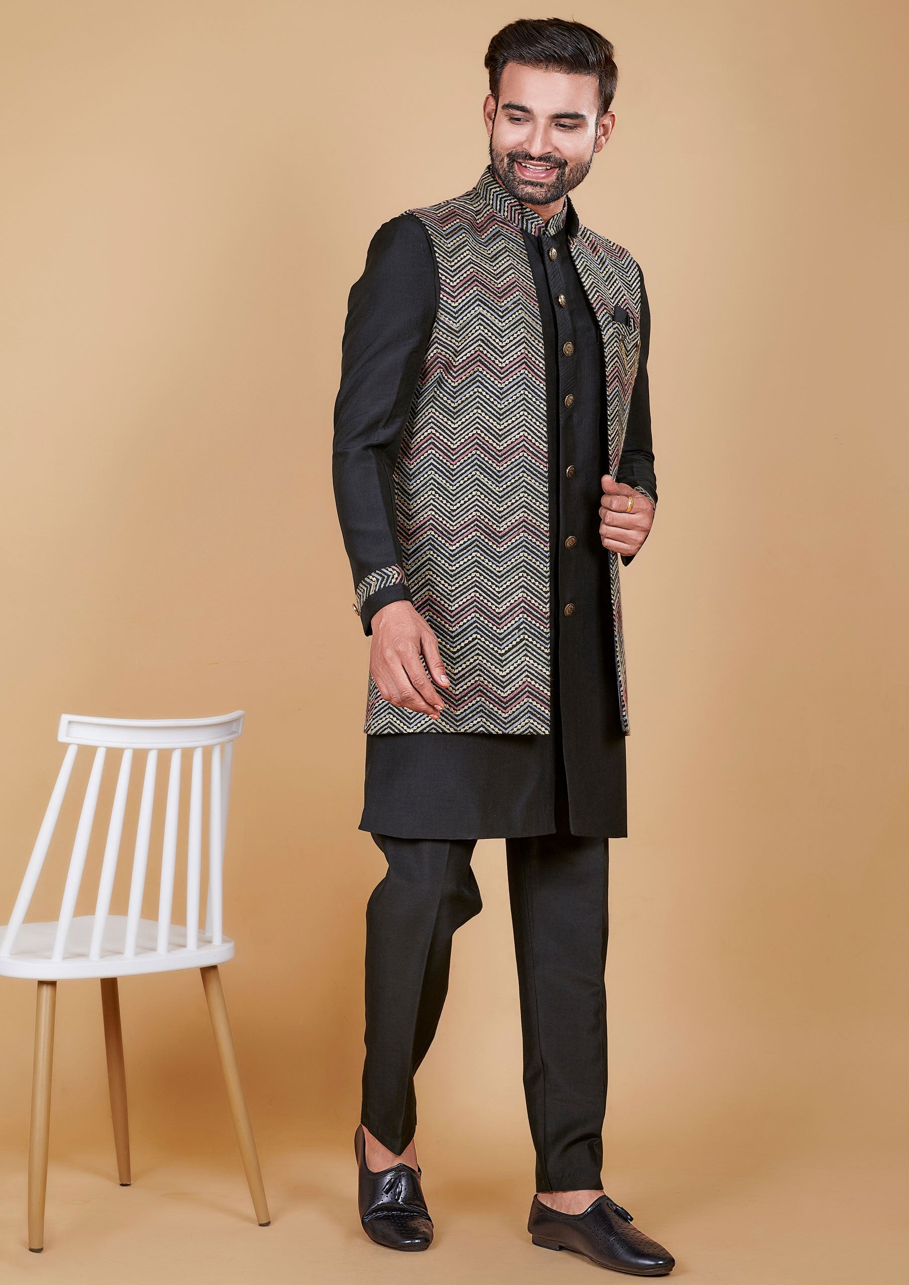 Black Color Jacquard Silk With Multi Color Long Jacket Men's Wear