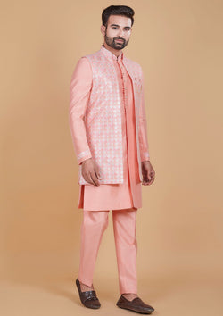 Pink Color Jacquard Silk Thread And Sequins Indo western