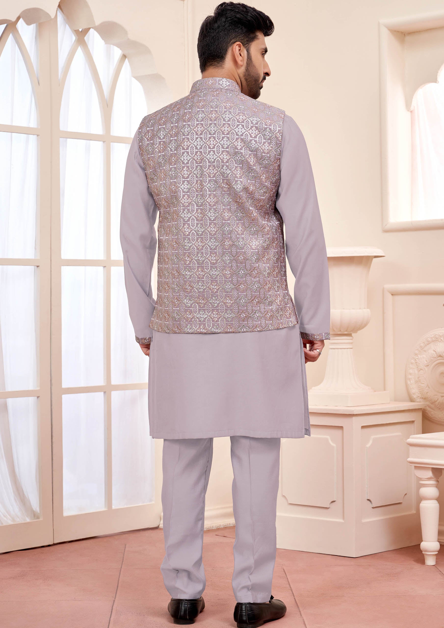 Lavender Ready Made Ethnic Kurta Set With Embroidered Nehru Jacket