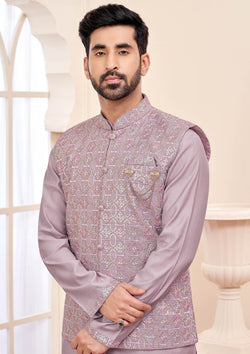 Lavender Ready Made Ethnic Kurta Set With Embroidered Nehru Jacket