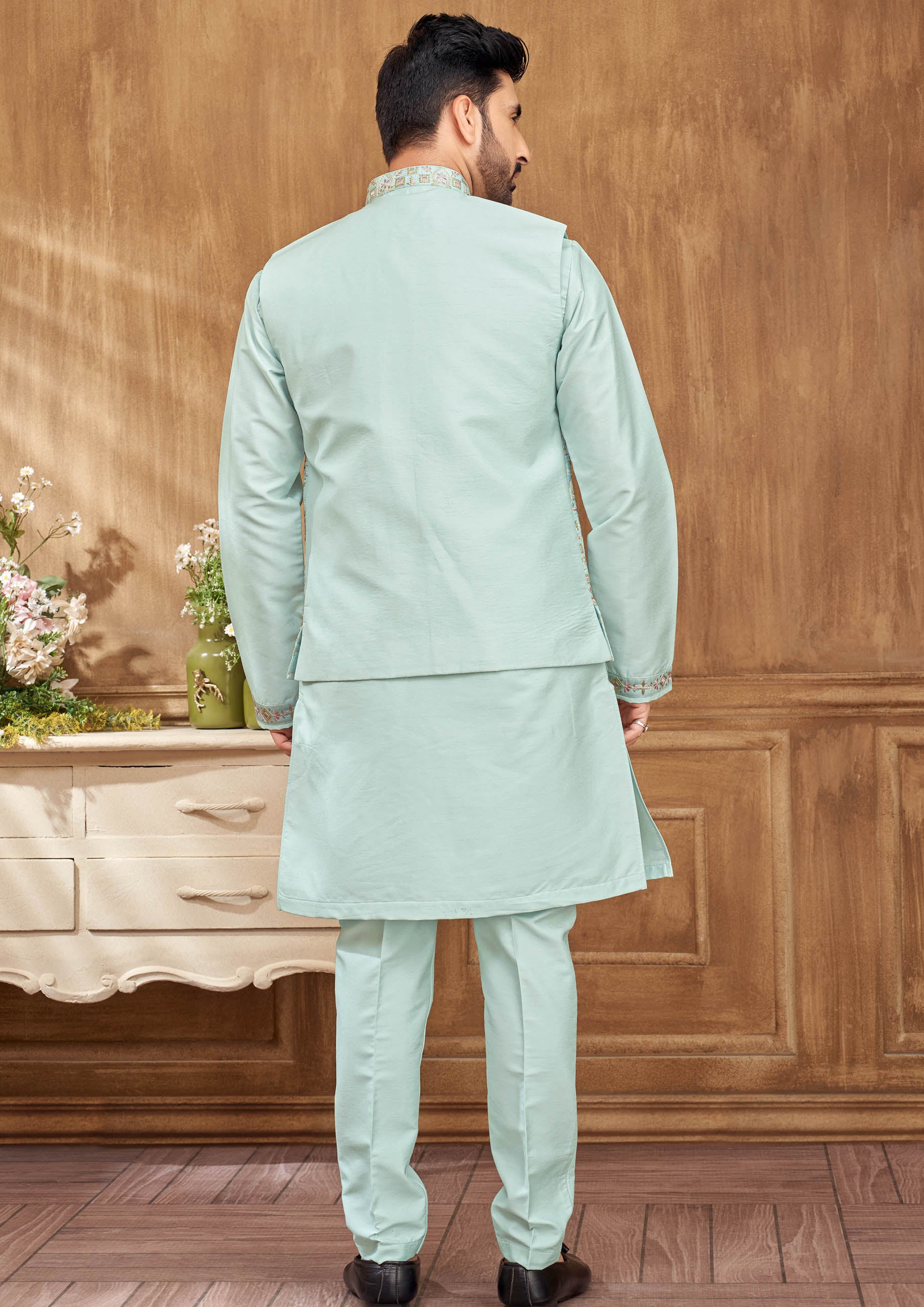 Blue Color Kurta Set With Floral Embroidered Jacket