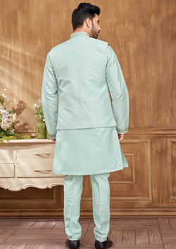 Blue Color Kurta Set With Floral Embroidered Jacket