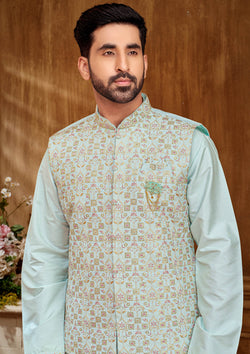 Blue Color Kurta Set With Floral Embroidered Jacket