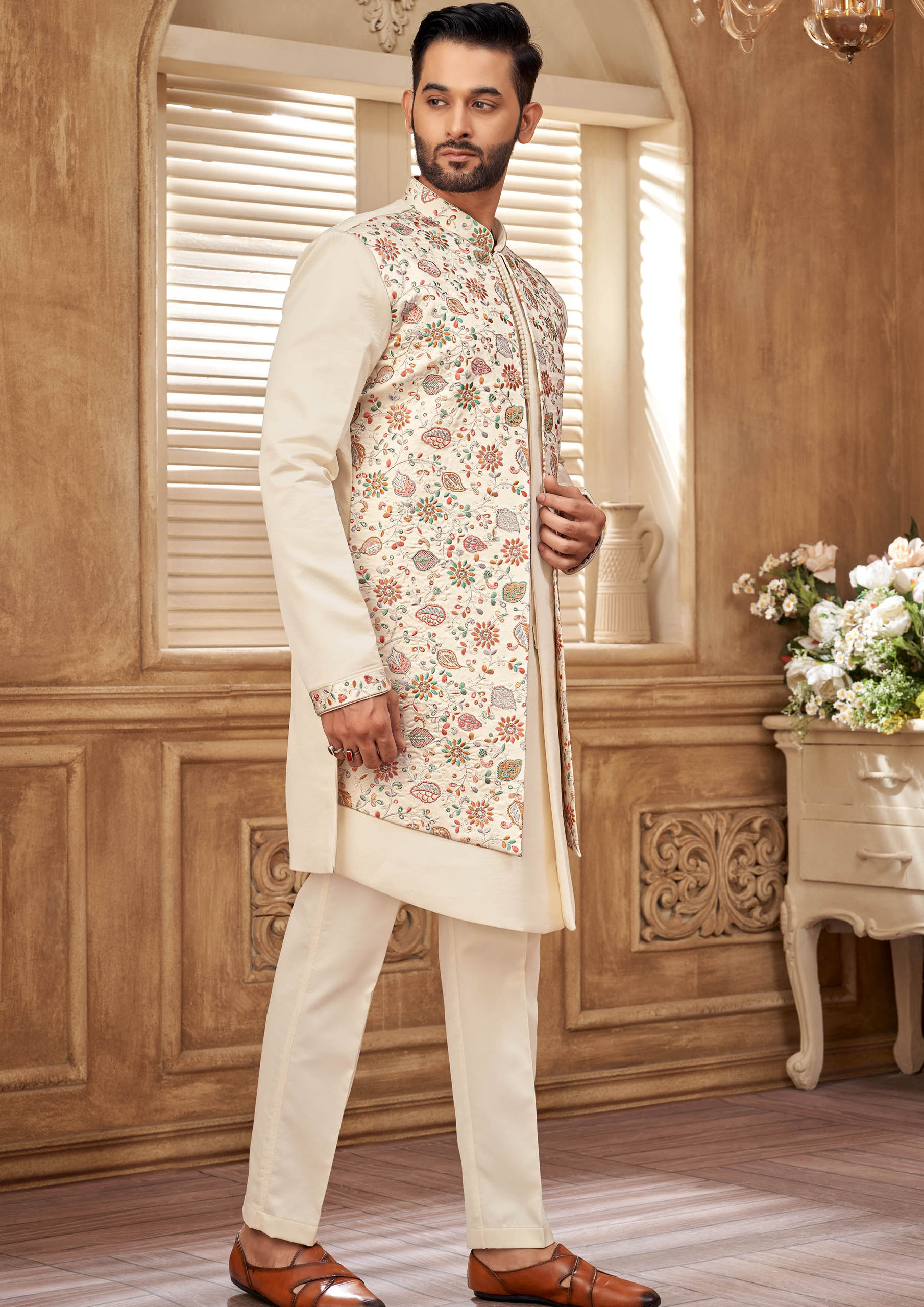 Cream Color Floral Embroidered Indo Western Set