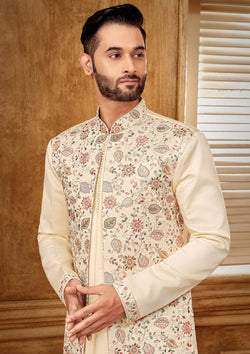 Cream Color Floral Embroidered Indo Western Set