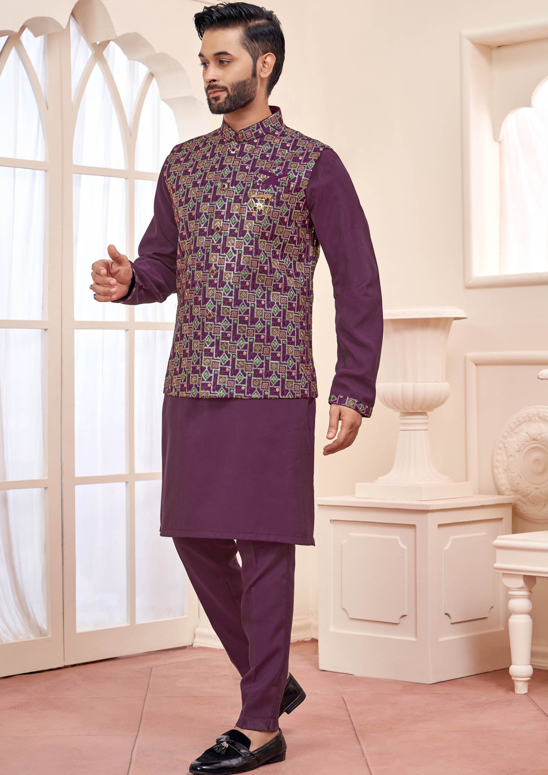 Wine Kurta Set With Koti Jacket For Men