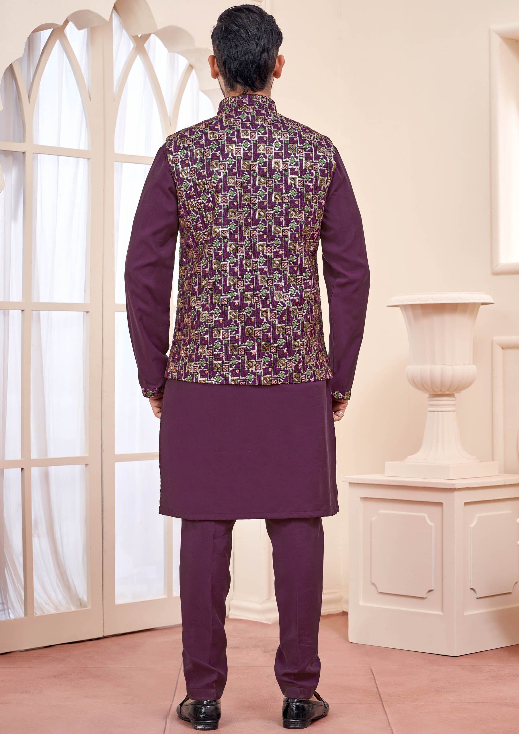 Wine Kurta Set With Koti Jacket For Men