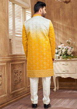 Yellow And White Indo Western Set For Men