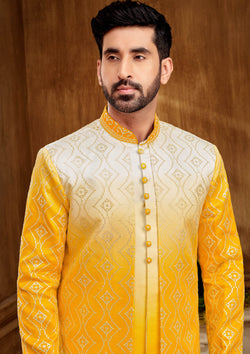 Yellow And White Indo Western Set For Men