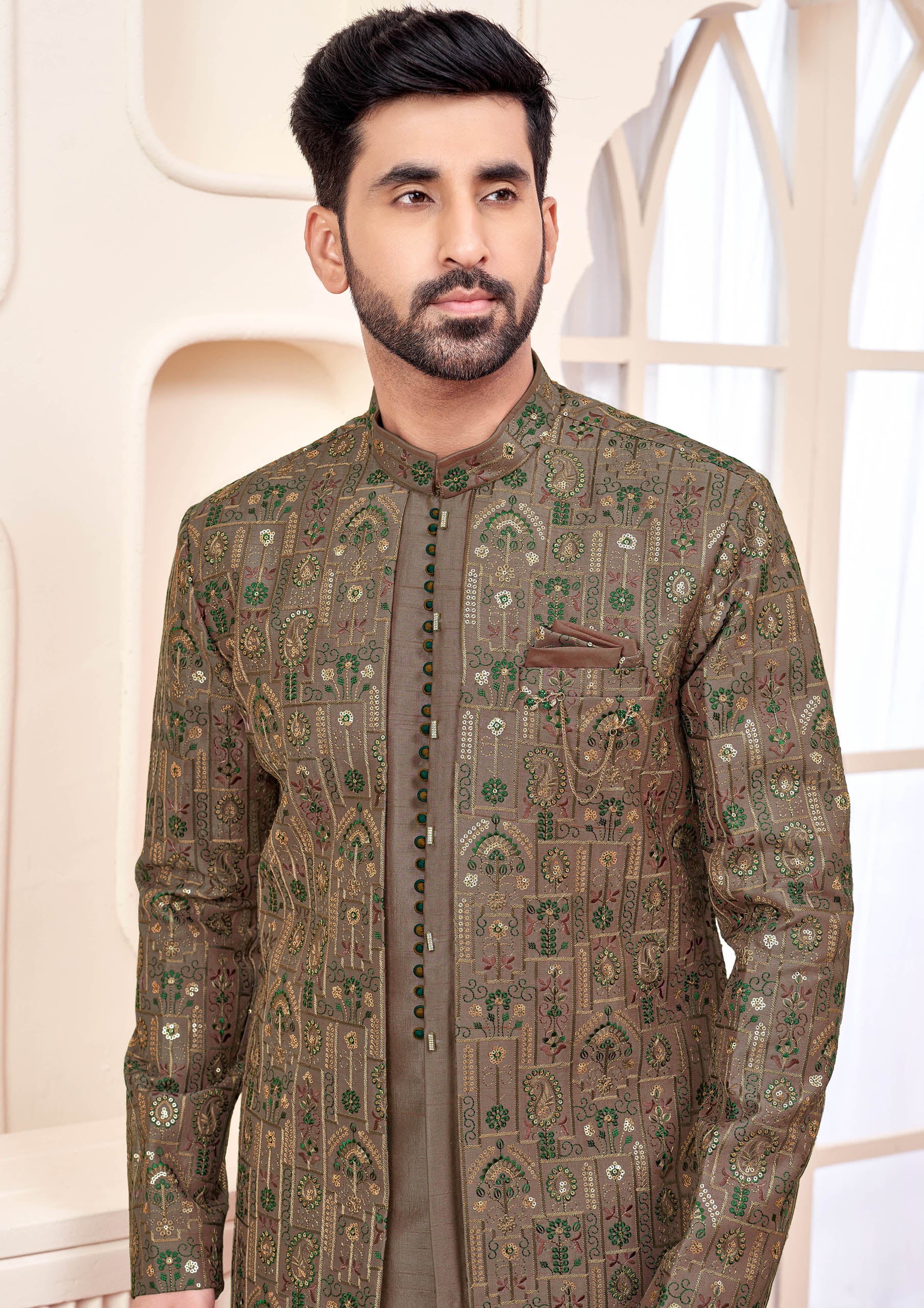 Mehndi Green Indo Western Outfit With Exquisite Design