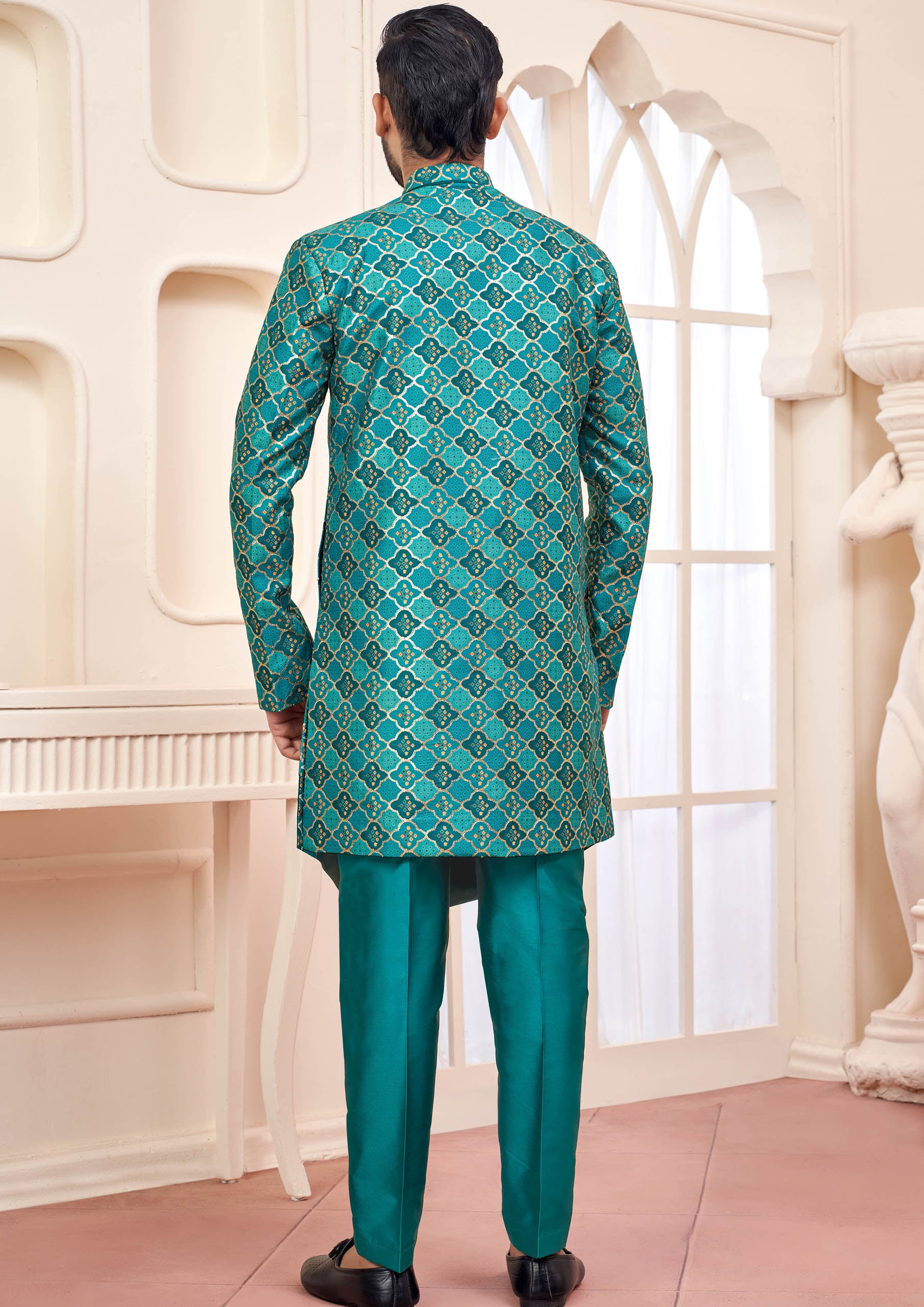 Emerald Green Indo Western Outfit With Gold Embroidered Jacket