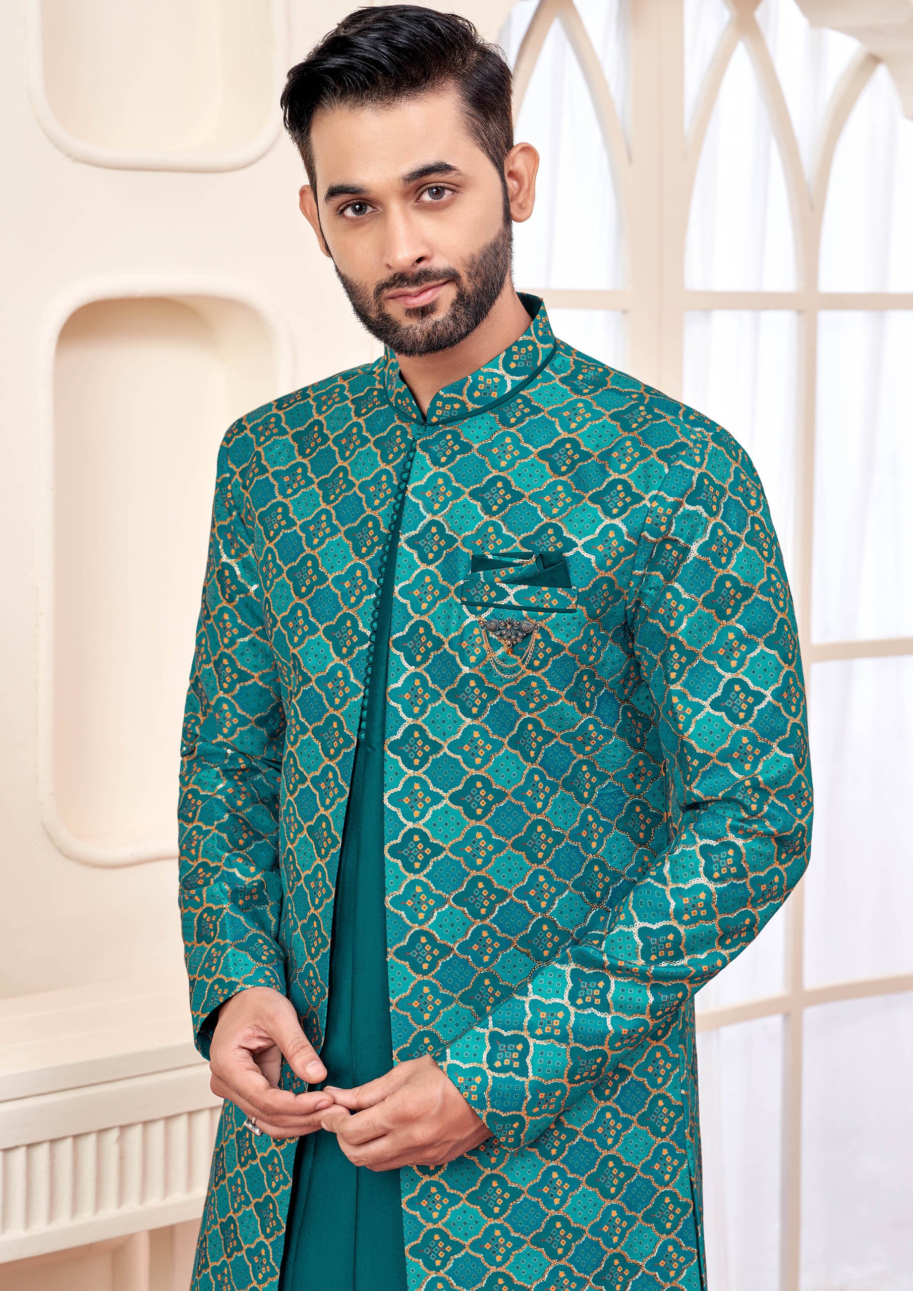 Emerald Green Indo Western Outfit With Gold Embroidered Jacket