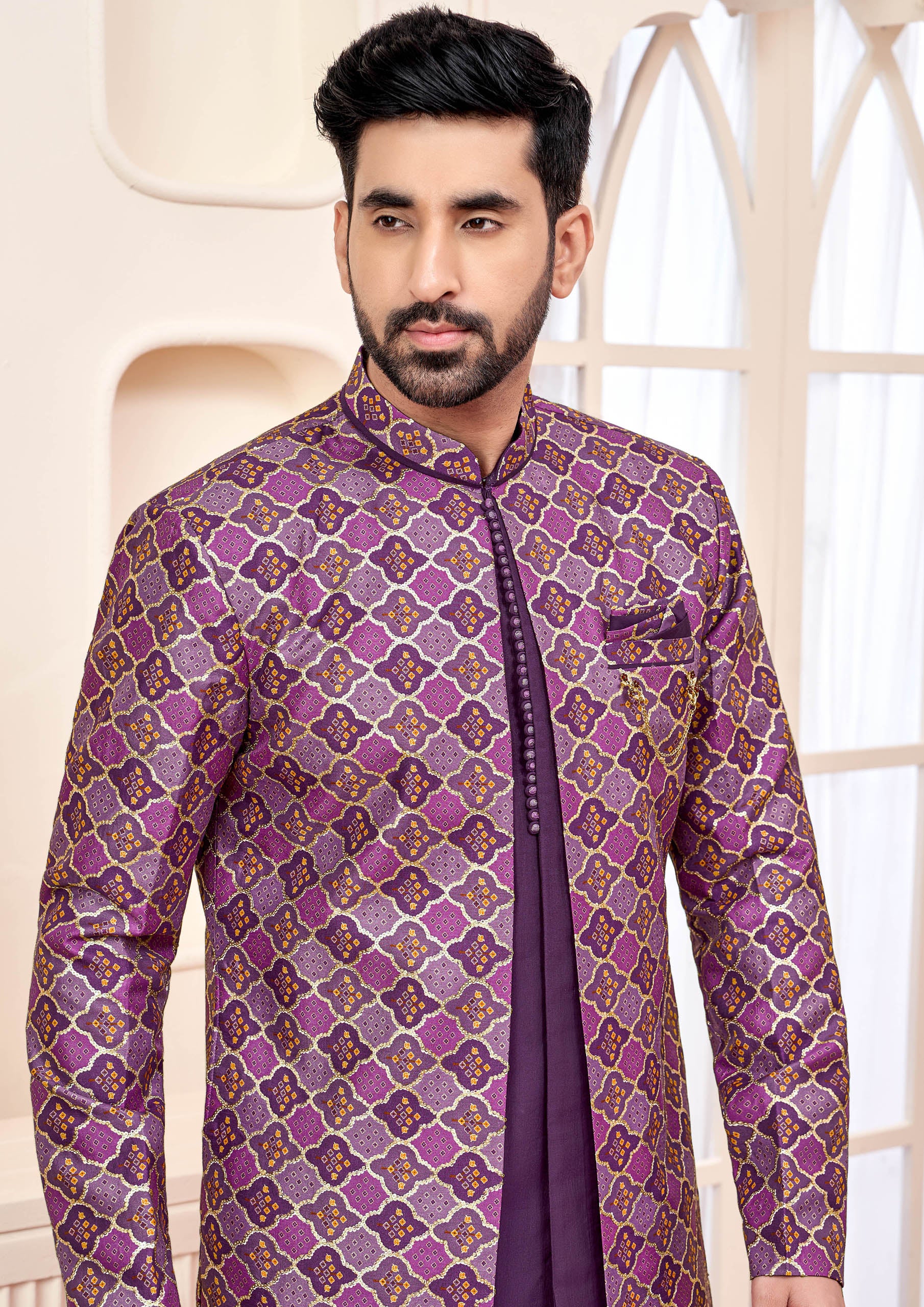 Dark Purple Indo Western Outfit With Intricate Embroidery