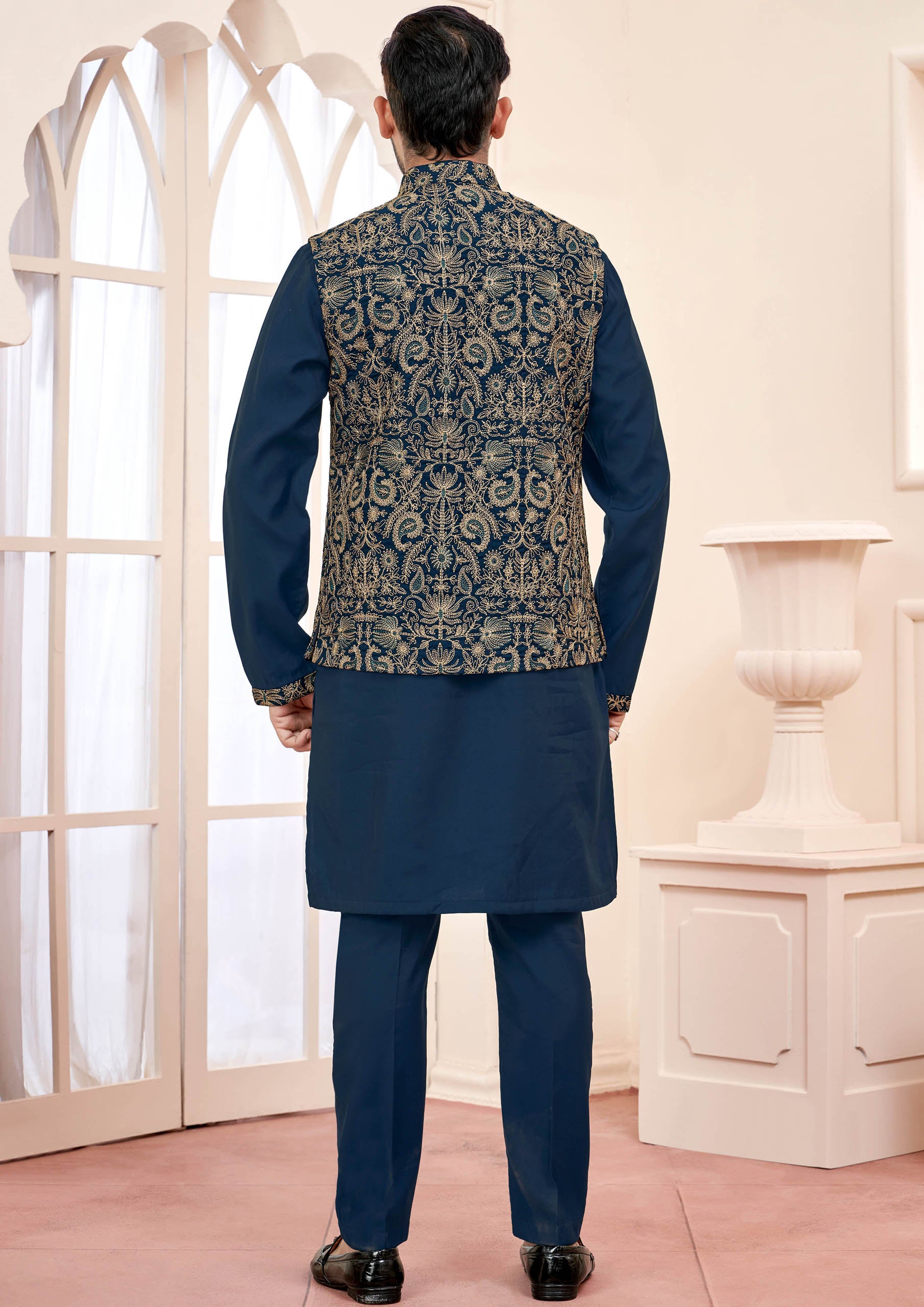 Royal Navy Blue Ethnic Kurta Set With Gold Embroidered Jacket