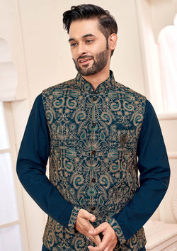 Royal Navy Blue Ethnic Kurta Set With Gold Embroidered Jacket