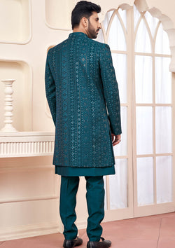 Teal Indo Western Ethnic Wear With Shimmery Embroidery