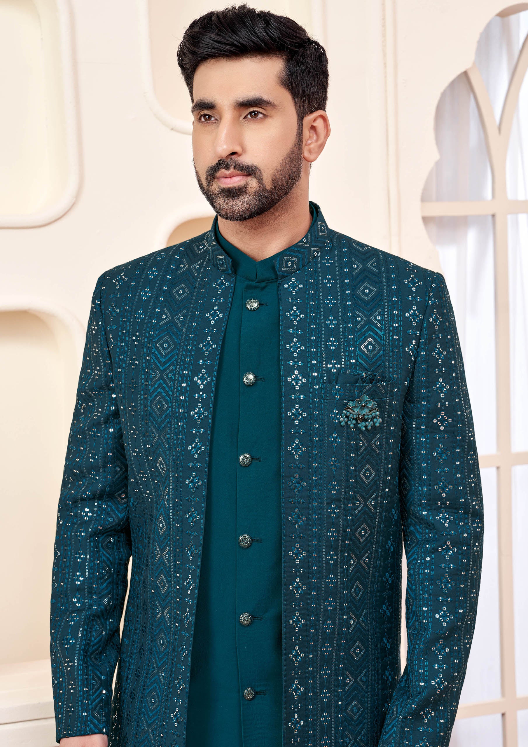 Teal Indo Western Ethnic Wear With Shimmery Embroidery