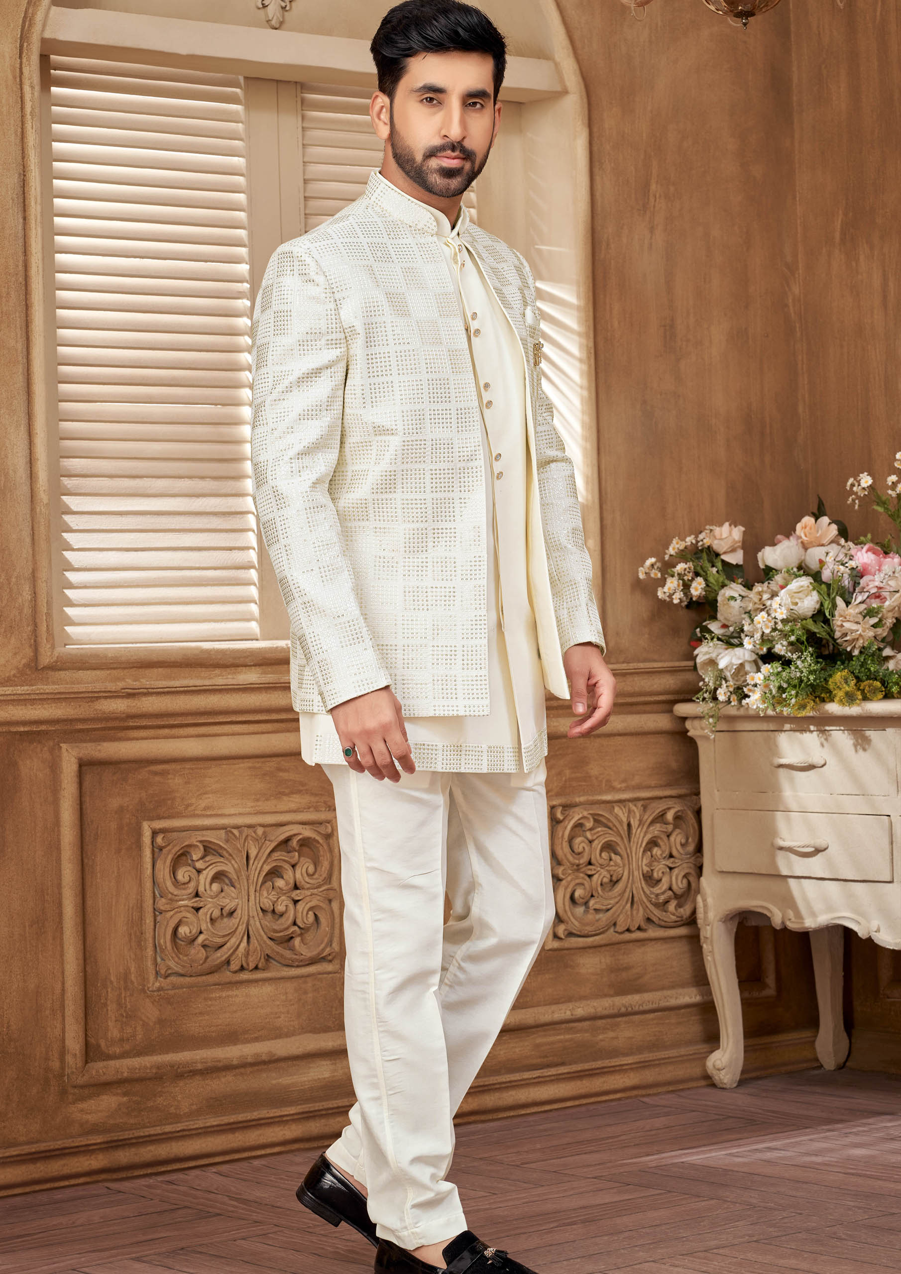 White Jodhpuri Set with Gold Embroidery