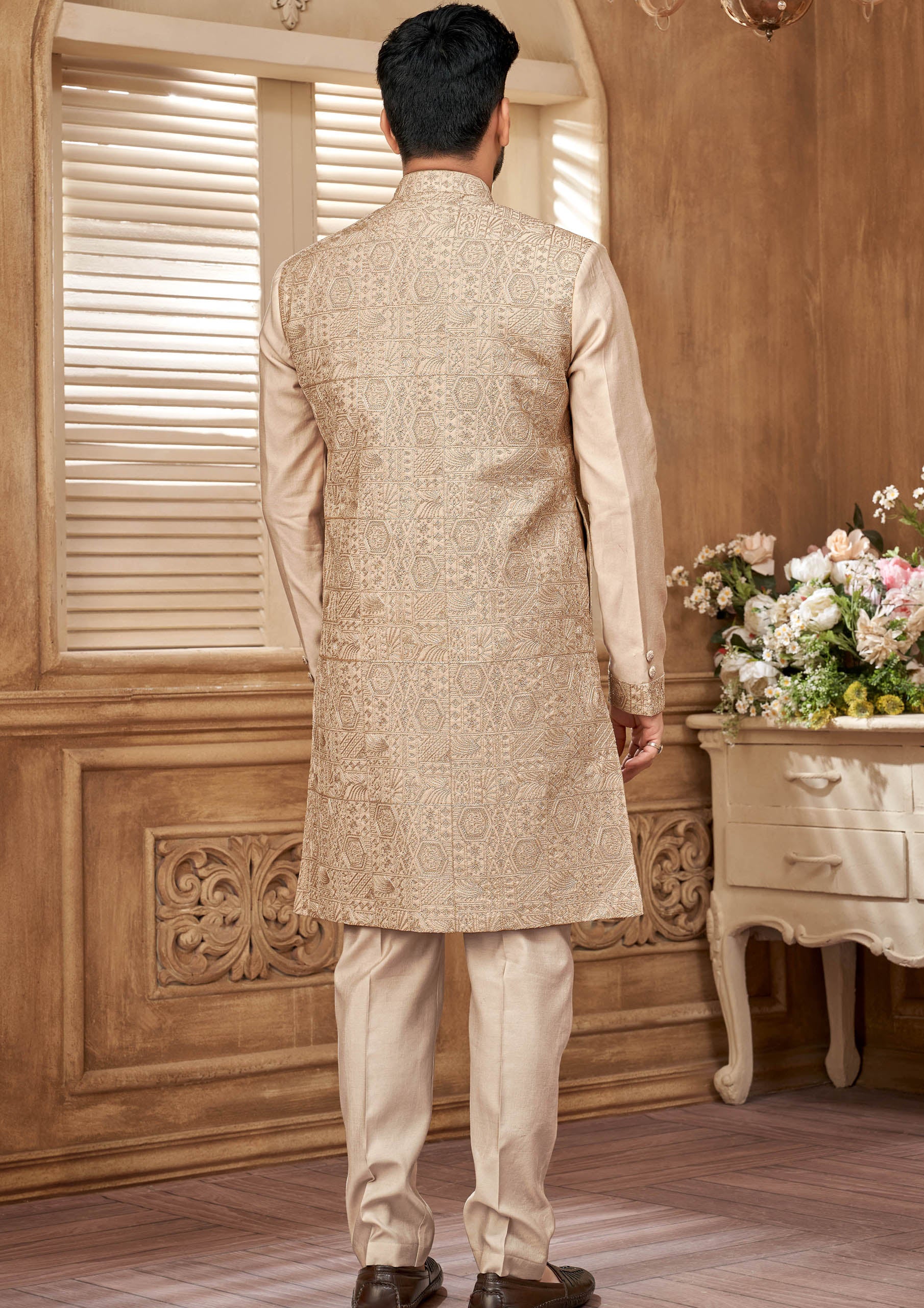 Rose Gold Color Indo Western For Men With Embroidered