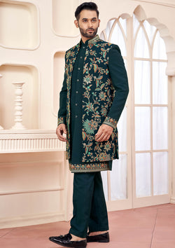 Dark Green Embroidered Indo Western Set