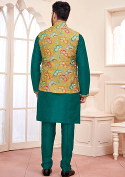 Green Kurta With Mustard Yellow Floral Jacket