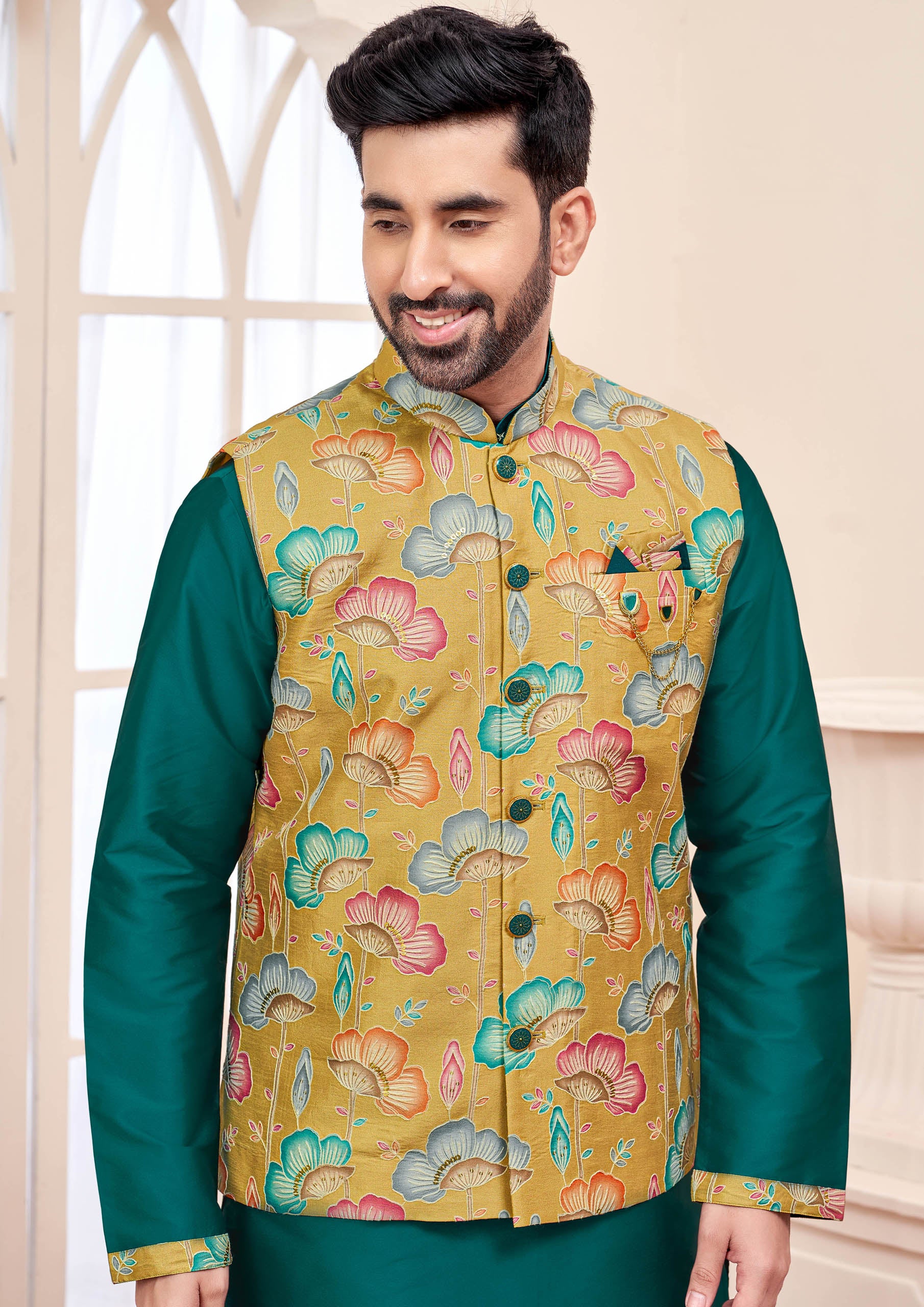 Green Kurta With Mustard Yellow Floral Jacket