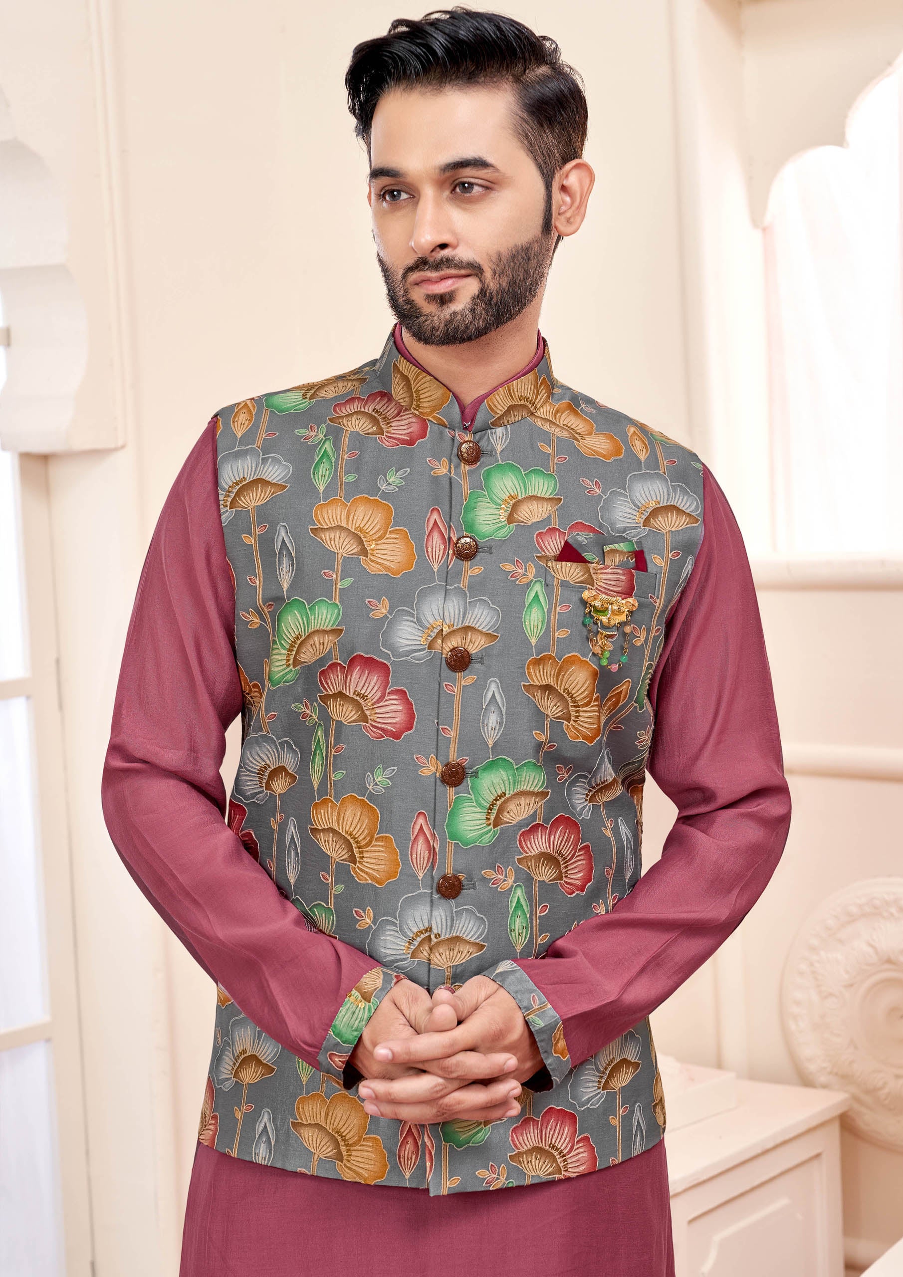 Dark Pink Ethnic Men's Kurta Jacket Set