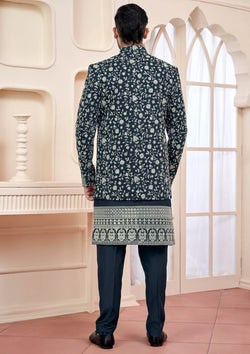 Regal Dark Blue Indo Western Outfit with Royal Silk Embroidery