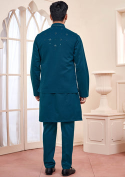 Teal Color Ethnic Kurta Set With Shimmery Jacket