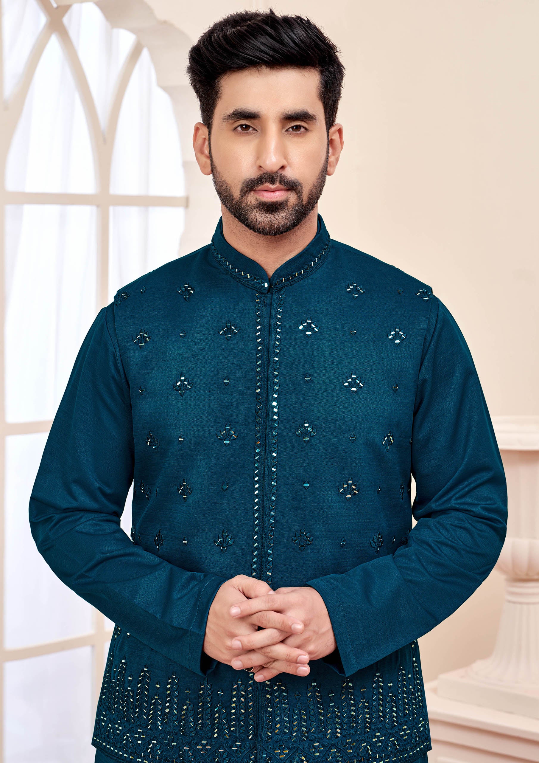 Teal Color Ethnic Kurta Set With Shimmery Jacket