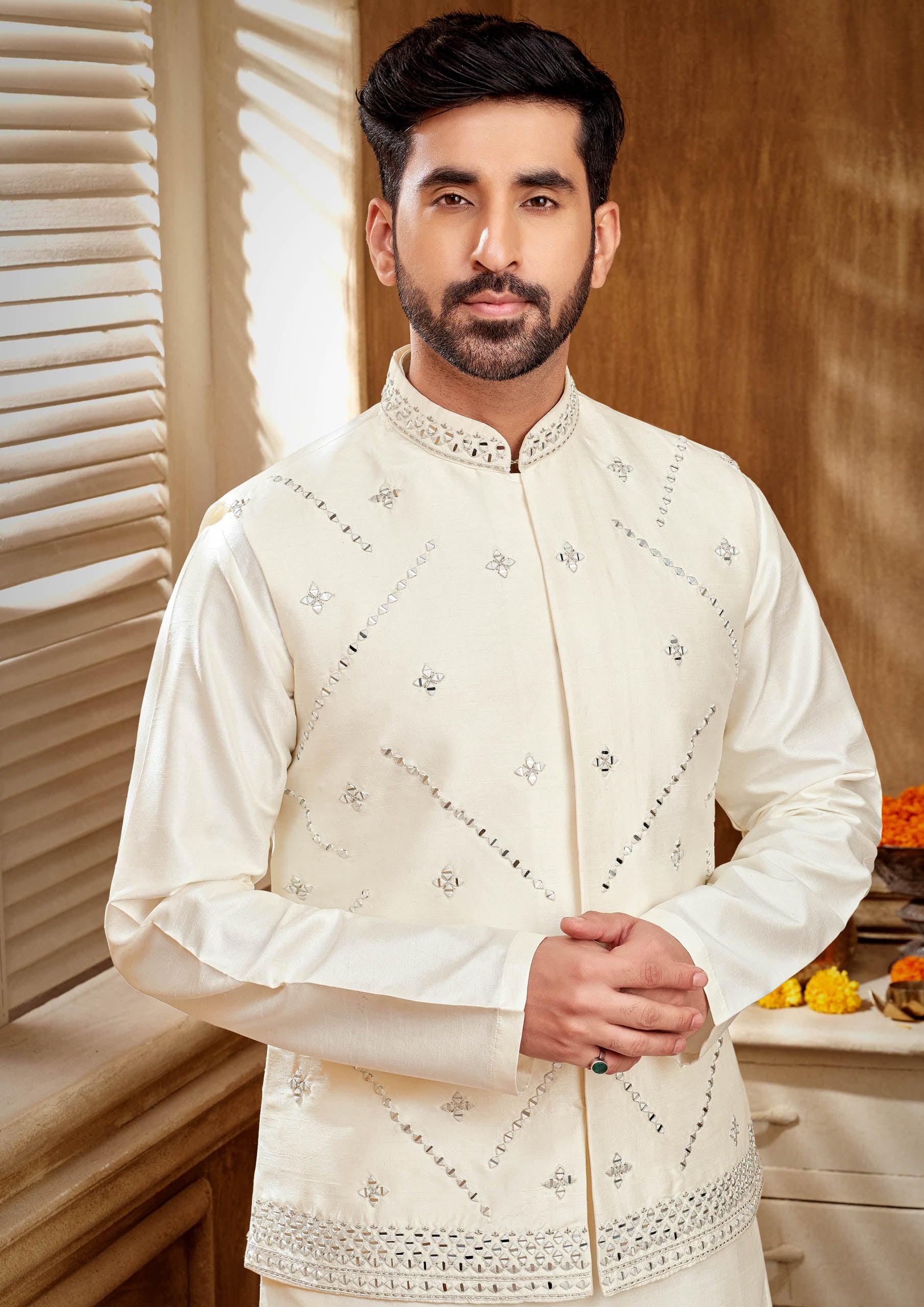 White Color Kurta Set With Mirror Work Jacket