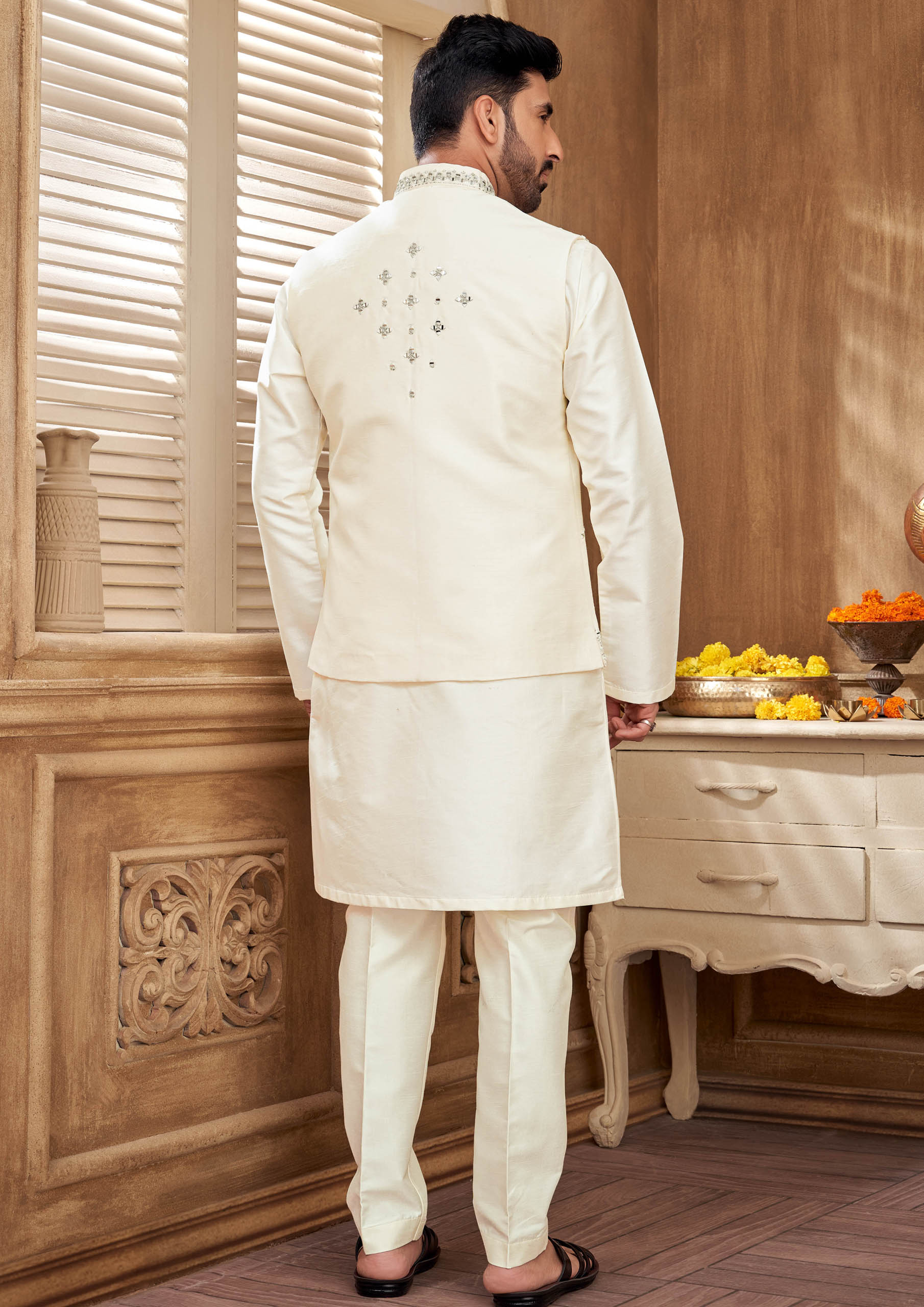 White Color Kurta Set With Mirror Work Jacket