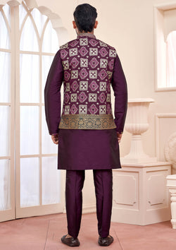 Purple Embroidered Ethnic Men's Kurta Jacket Set