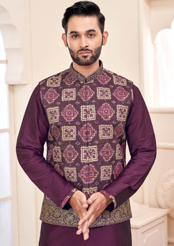 Purple Embroidered Ethnic Men's Kurta Jacket Set