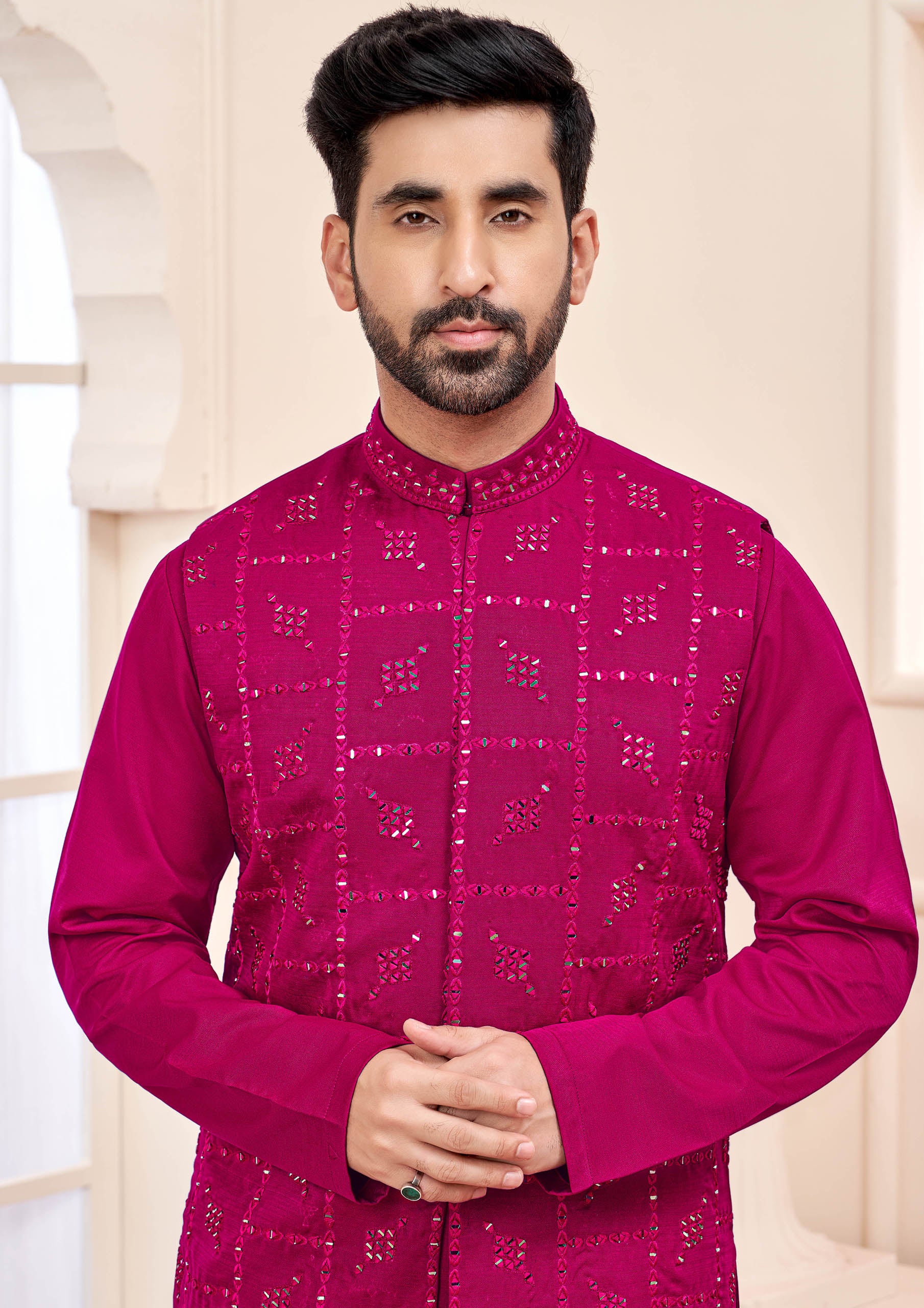 Hot Pink Ethnic Kurta Set With Shimmery Jacket