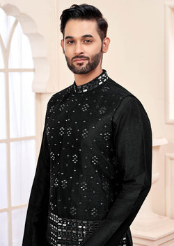 Black Kurta Set With Shimmery Silver Jacket